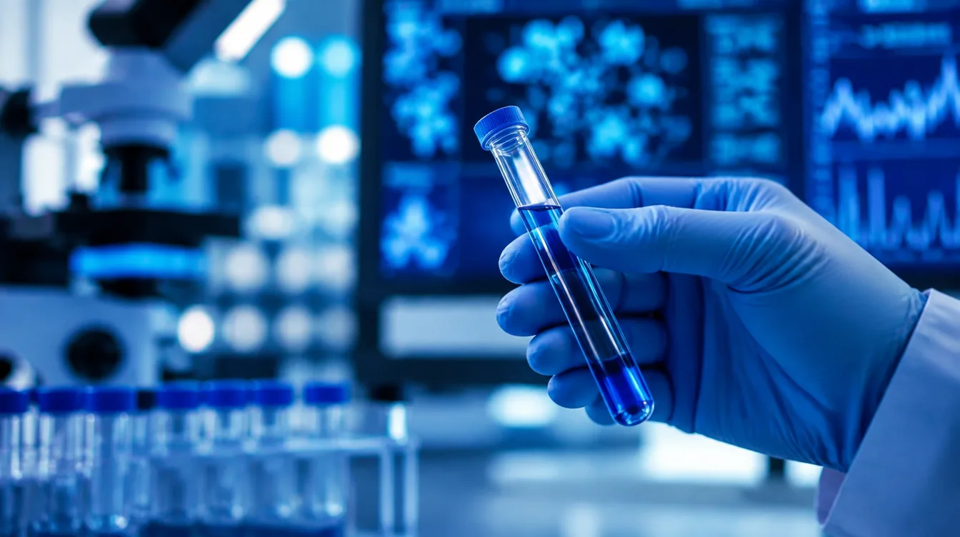Analyse biologique en laboratoire, tube à essai et données de biomarqueurs